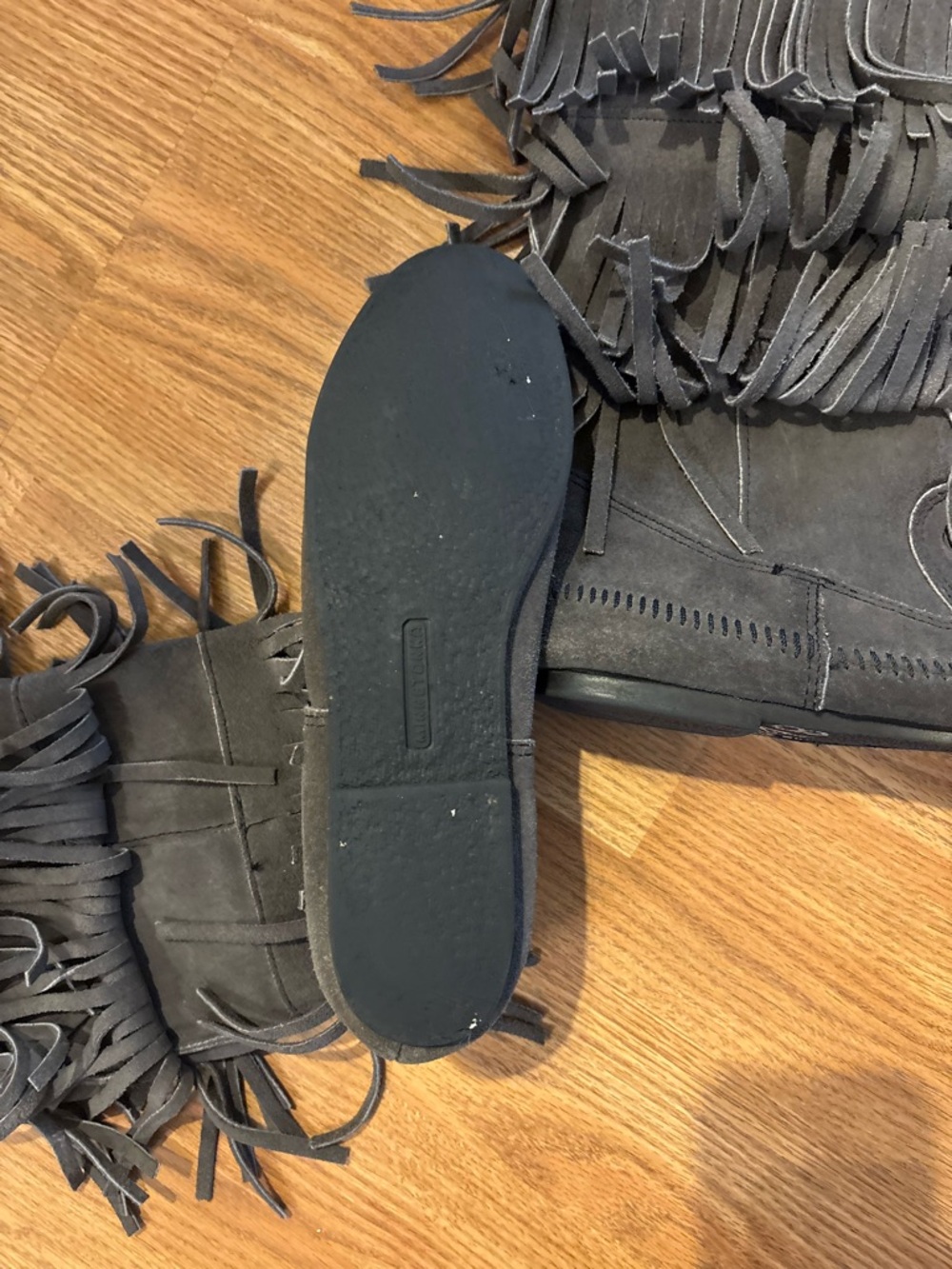 Grey Minnetonka Fringe Moccasin Boots - Women's - Picture 3 of 4